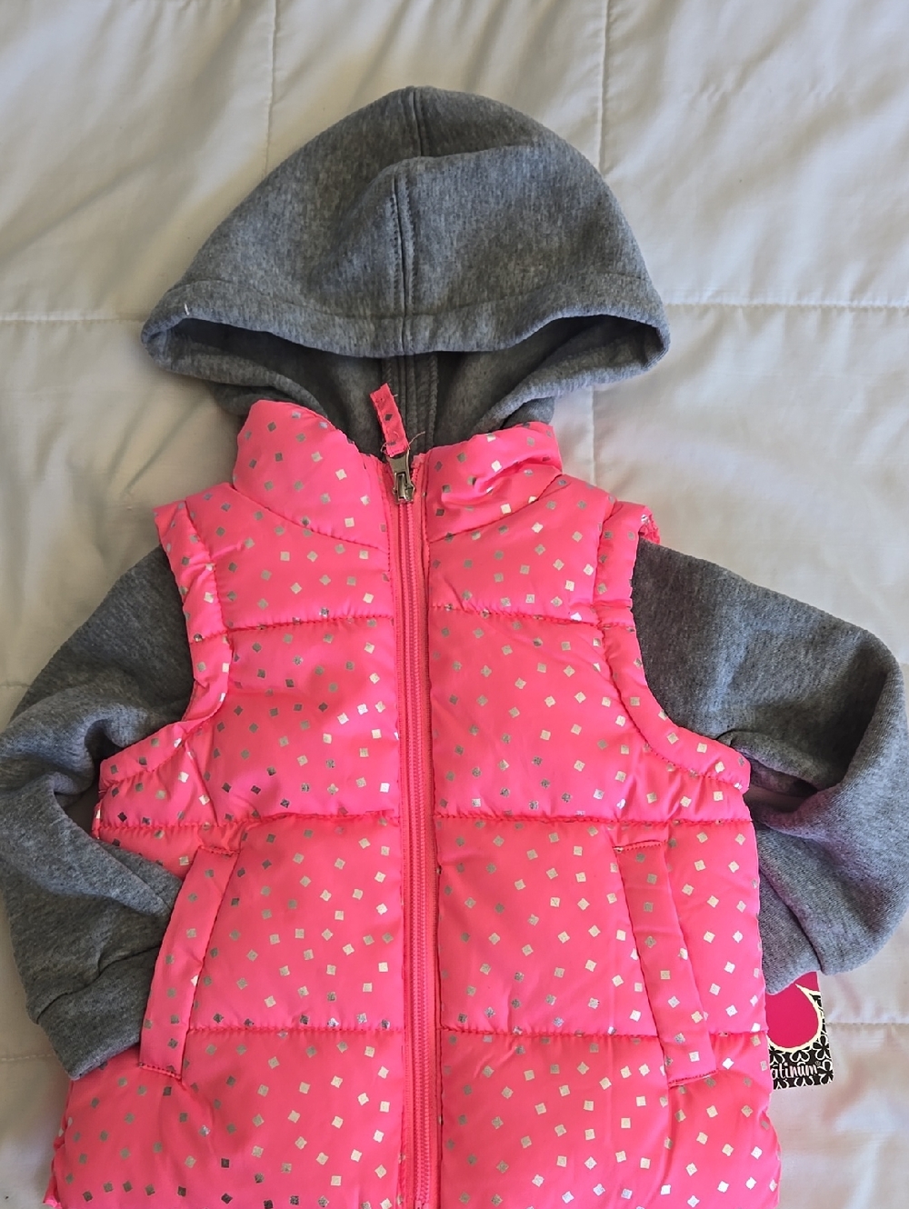 Littke Girls Bright Pink Quilted Vest with Gray Hood 18 M